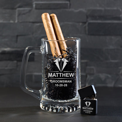 Groomsmen Personalized Cigar Lighter & Super Size Beer Mug Gift Set