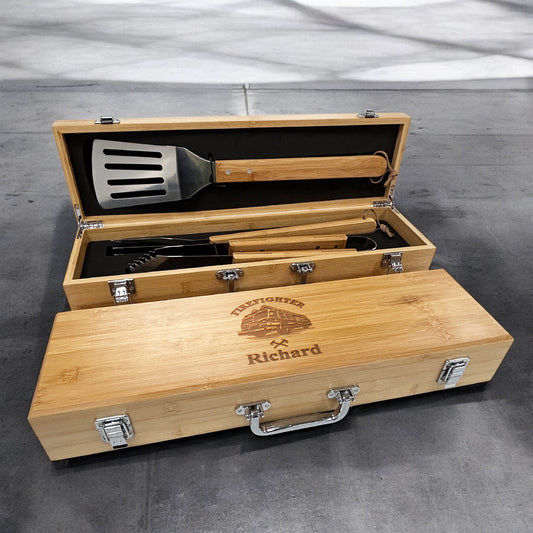 Firefighter Personalized Bamboo BBQ Grill Tools Gift Set