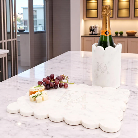 Monogram Engraved Scalloped Marble Wine & Champagne Chiller and Scalloped Marble Cheese Board