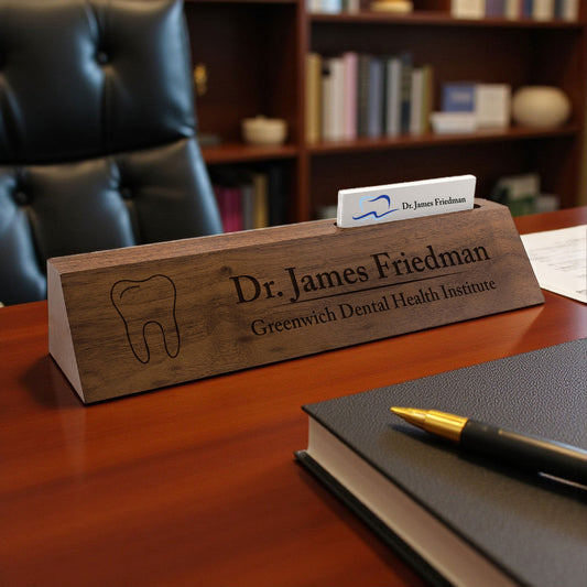 Dentist Personalized Walnut Wood Name Plate with Business Card Holder