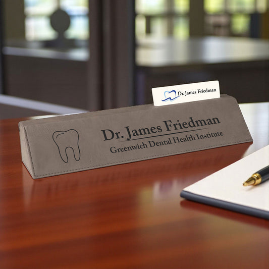 Dentist Engraved Personalized Leather Name Plate with Business Card Holder