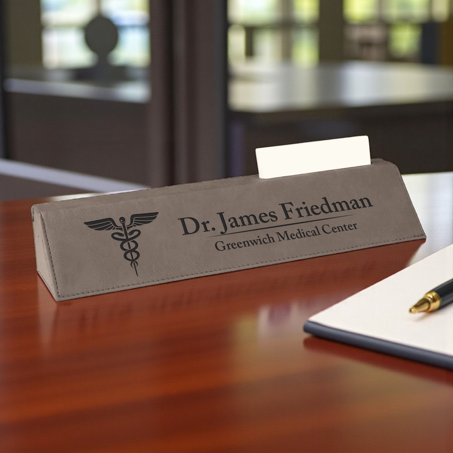 Doctor Engraved Personalized Leather Name Plate with Business Card Holder