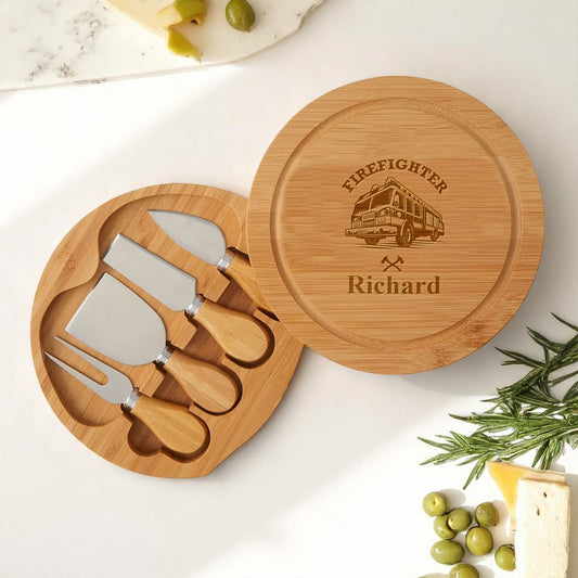 Firefighter Personalized Swivel Cheese Board Gift Set