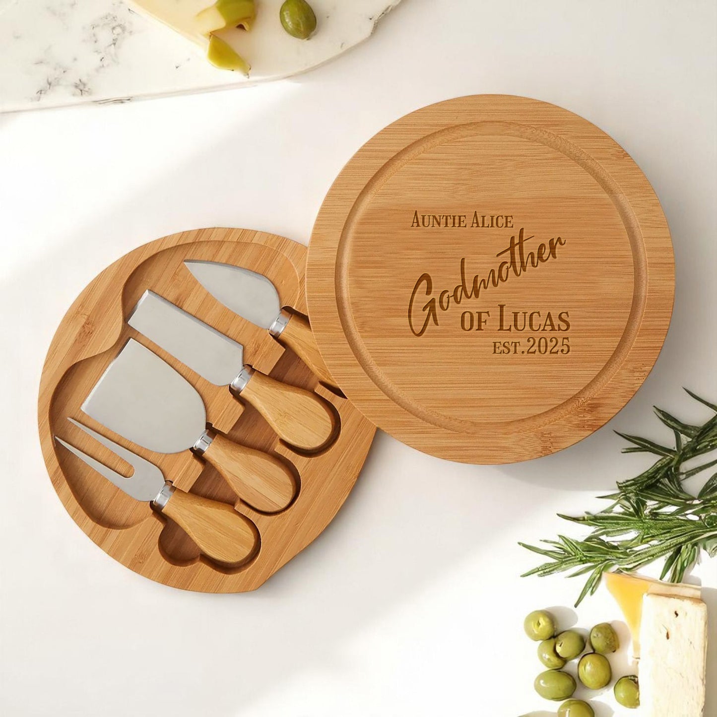 Godmother Personalized Swivel Cheese Board Gift Set