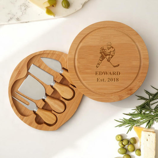 Hockey Personalized Swivel Cheese Board Gift Set