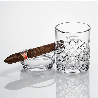 Signature Etched Whiskey Glass and Cigar Holder Ashtray Set