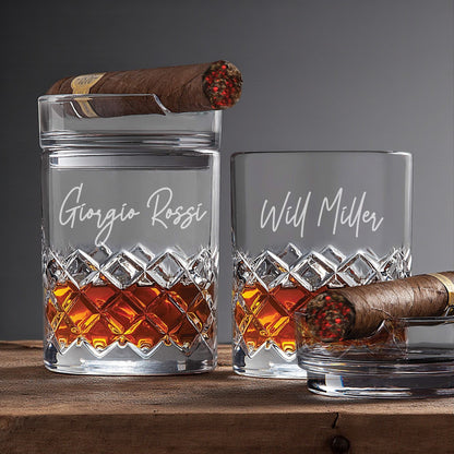 Signature Etched Whiskey Glass and Cigar Holder Ashtray Set