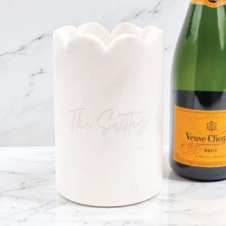 Signature Collection Engraved Scalloped Marble Wine & Champagne Chiller and Scalloped Marble Cheese Board