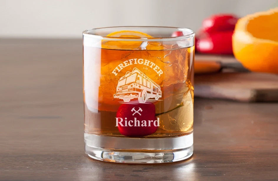 Firefighter Personalized Whiskey Decanter with Whiskey Rocks Glasses Set - 3pc