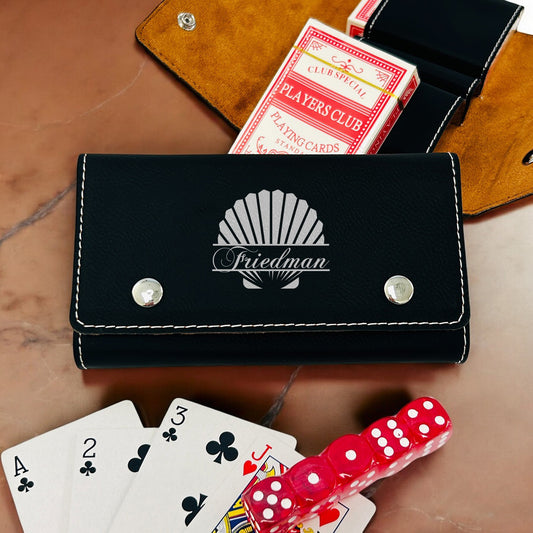 Seashell Personalized Leather Travel Case with Playing Cards and Dice Set