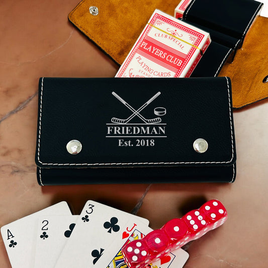 Hockey Personalized Leather Travel Case with Playing Cards and Dice Set