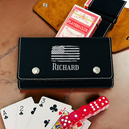 Patriotic Military Personalized Leather Travel Case with Playing Cards and Dice Set