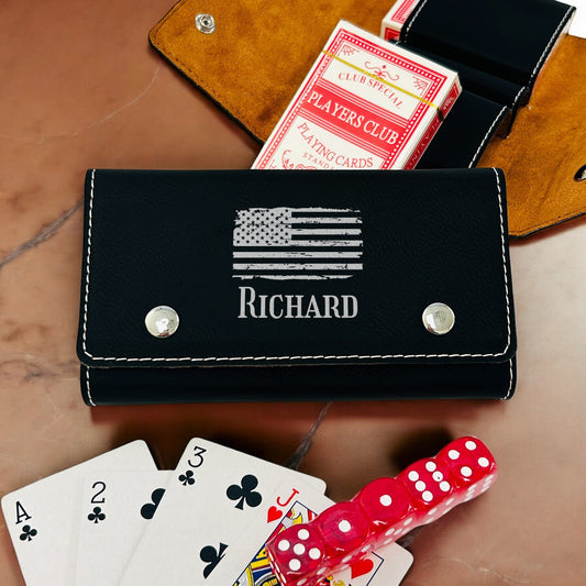 Patriotic Military Personalized Leather Travel Case with Playing Cards and Dice Set