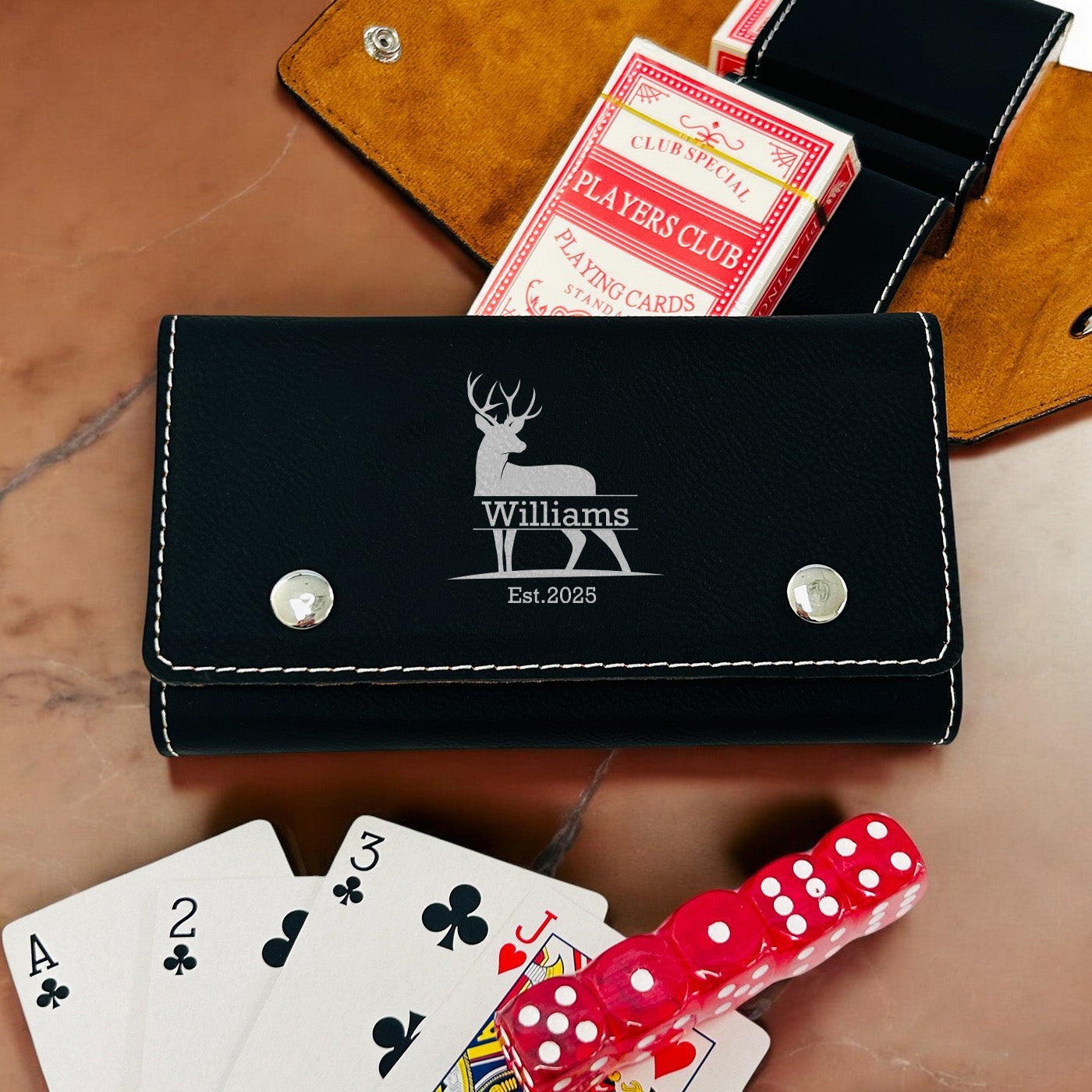 Hunting Personalized Leather Travel Case with Playing Cards and Dice Set