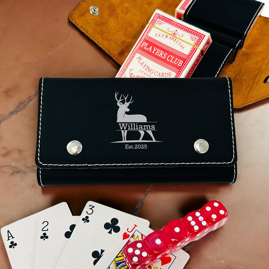 Hunting Personalized Leather Travel Case with Playing Cards and Dice Set