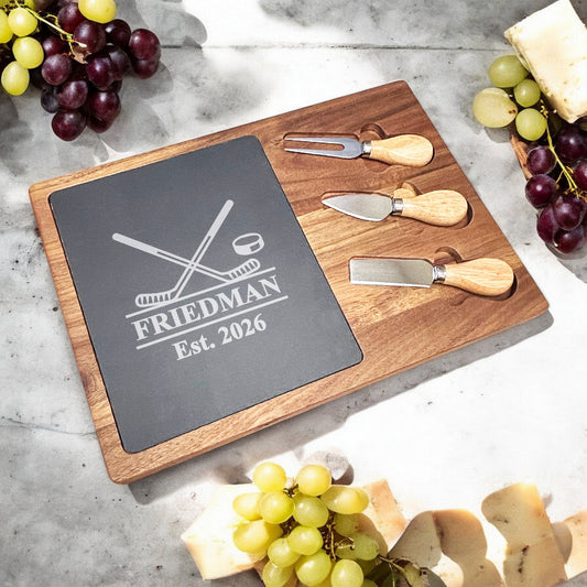 Hockey Personalized Slate & Wood Cheese Board