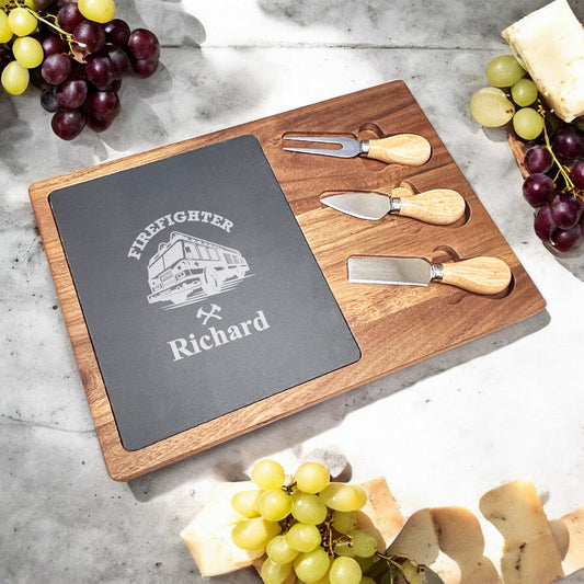 Firefighter Personalized Slate & Wood Cheese Board