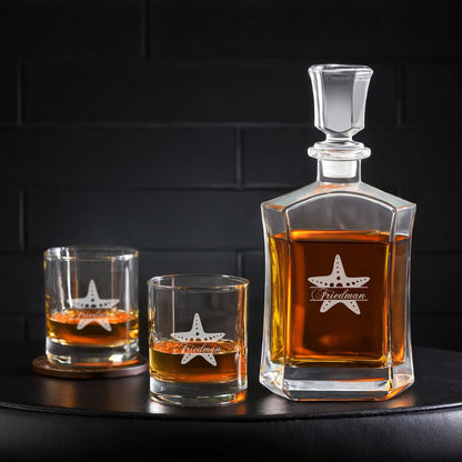 Starfish Personalized Whiskey Decanter with Whiskey Rocks Glasses Set - 3pc