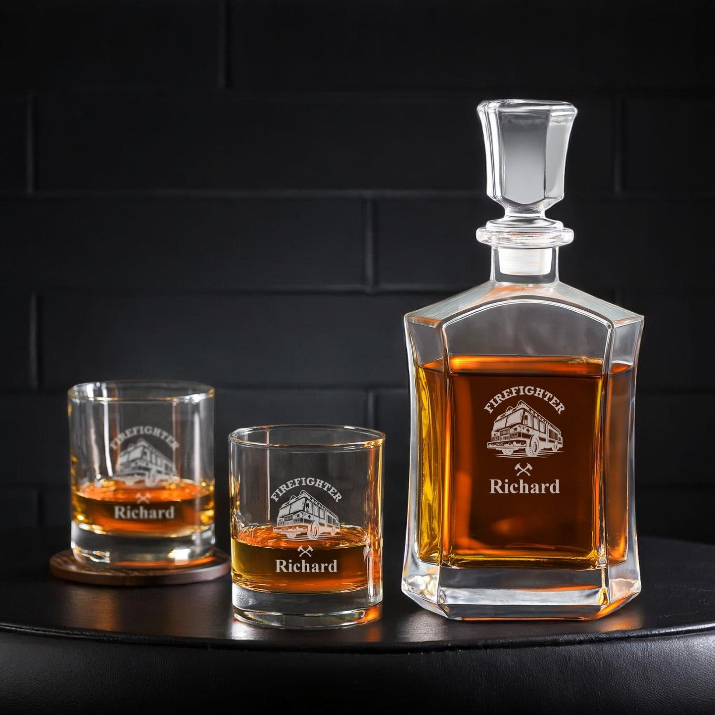 Firefighter Personalized Whiskey Decanter with Whiskey Rocks Glasses Set - 3pc