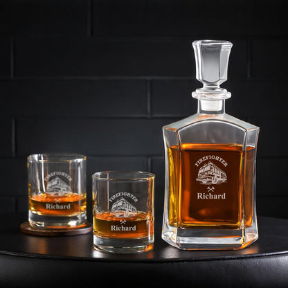 Firefighter Personalized Whiskey Decanter with Whiskey Rocks Glasses Set - 3pc