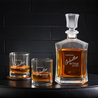 Godmother Personalized Whiskey Decanter with Whiskey Rocks Glasses Set - 3pc