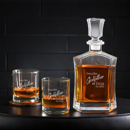 Godfather Personalized Whiskey Decanter with Whiskey Rocks Glasses Set - 3pc