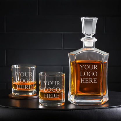 Custom Logo Personalized Whiskey Decanter with Whiskey Rocks Glasses Set - 3pc