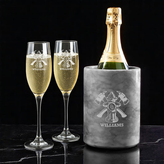 Firefighter Engraved Champagne Glasses with Marble Bottle Chiller Set