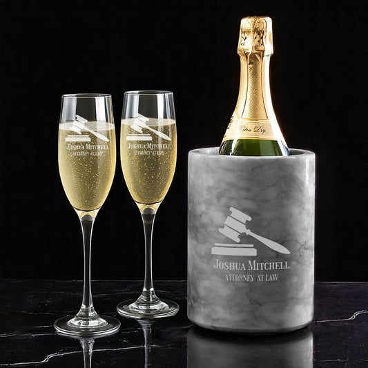 Lawyer Engraved Champagne Glasses with Marble Bottle Chiller Set