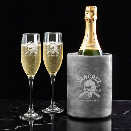 Barber Engraved Champagne Glasses with Marble Bottle Chiller Set