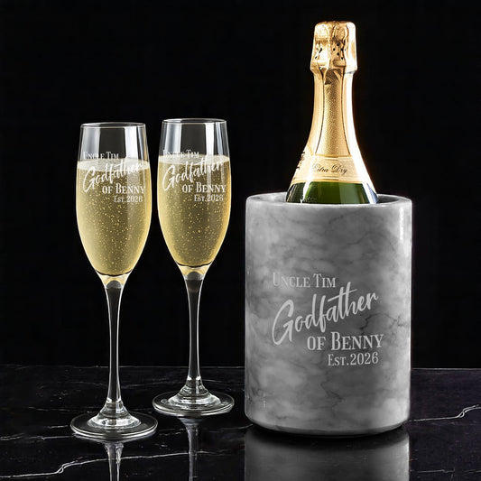 Godfather Padrino Engraved Champagne Glasses with Marble Bottle Chiller Set