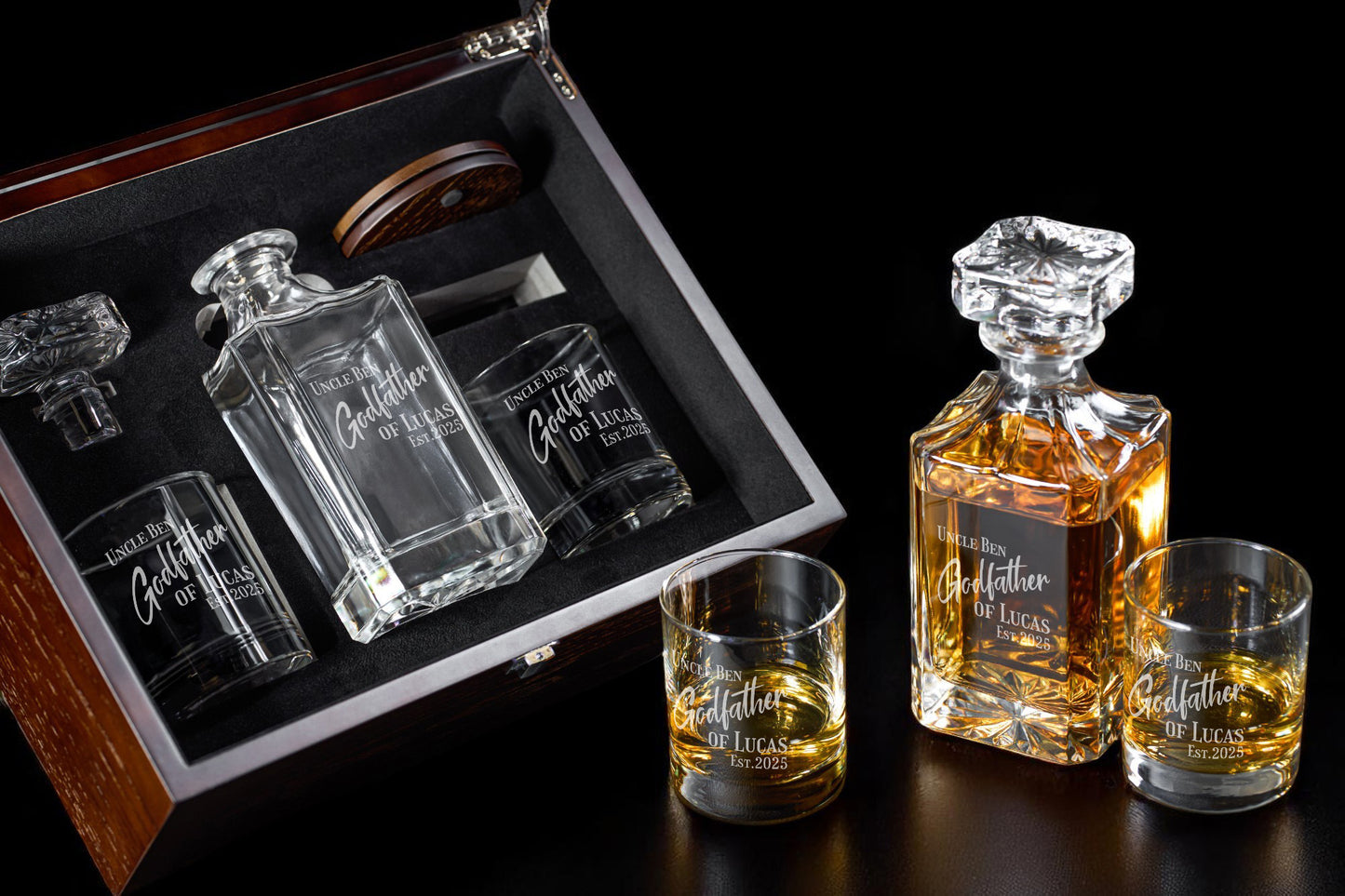 Godfather Padrino Personalized Classic Whiskey Decanter with Glasses Gift Set