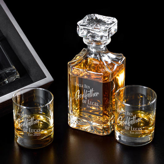 Godfather Padrino Personalized Classic Whiskey Decanter with Glasses Gift Set