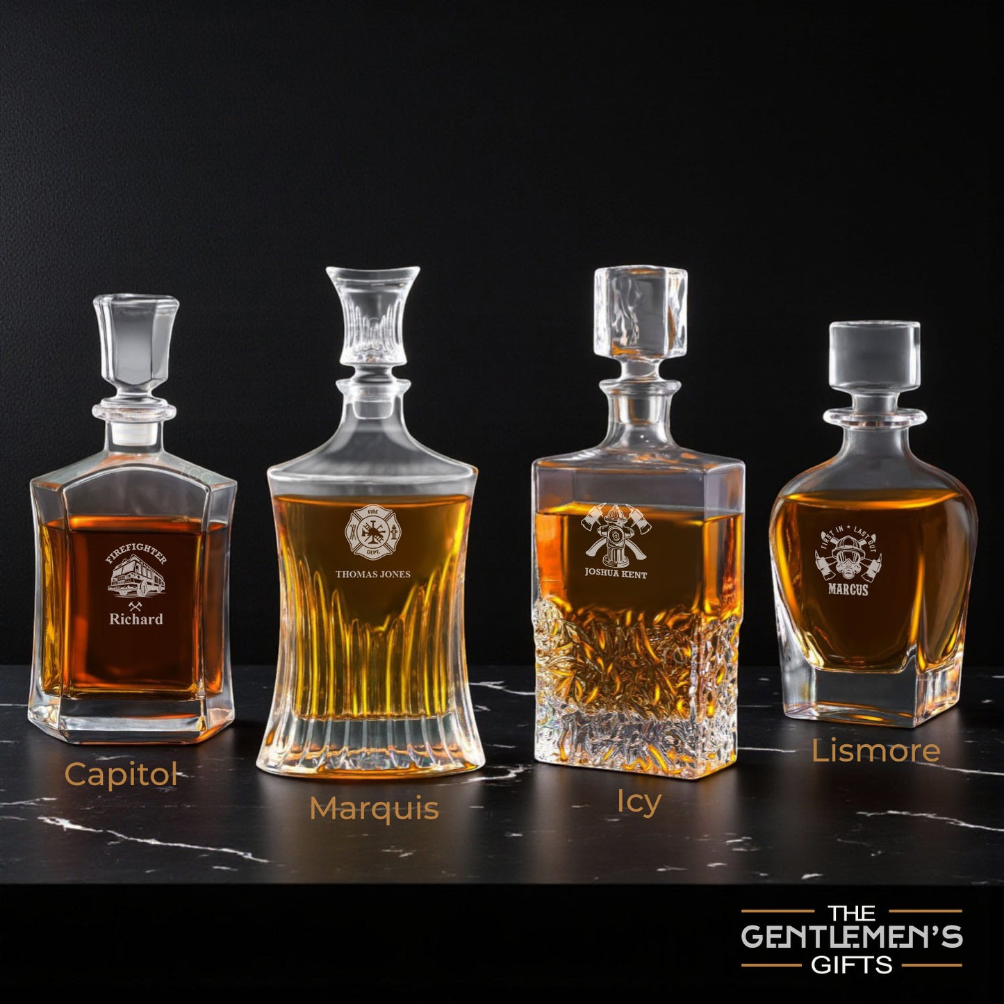 Firefighter Personalized Whiskey Decanter with Whiskey Rocks Glasses Set - 3pc