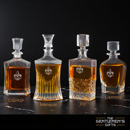 Fleur De Lis Personalized Whiskey Decanter with Whiskey Rocks Glasses Set - 3pc