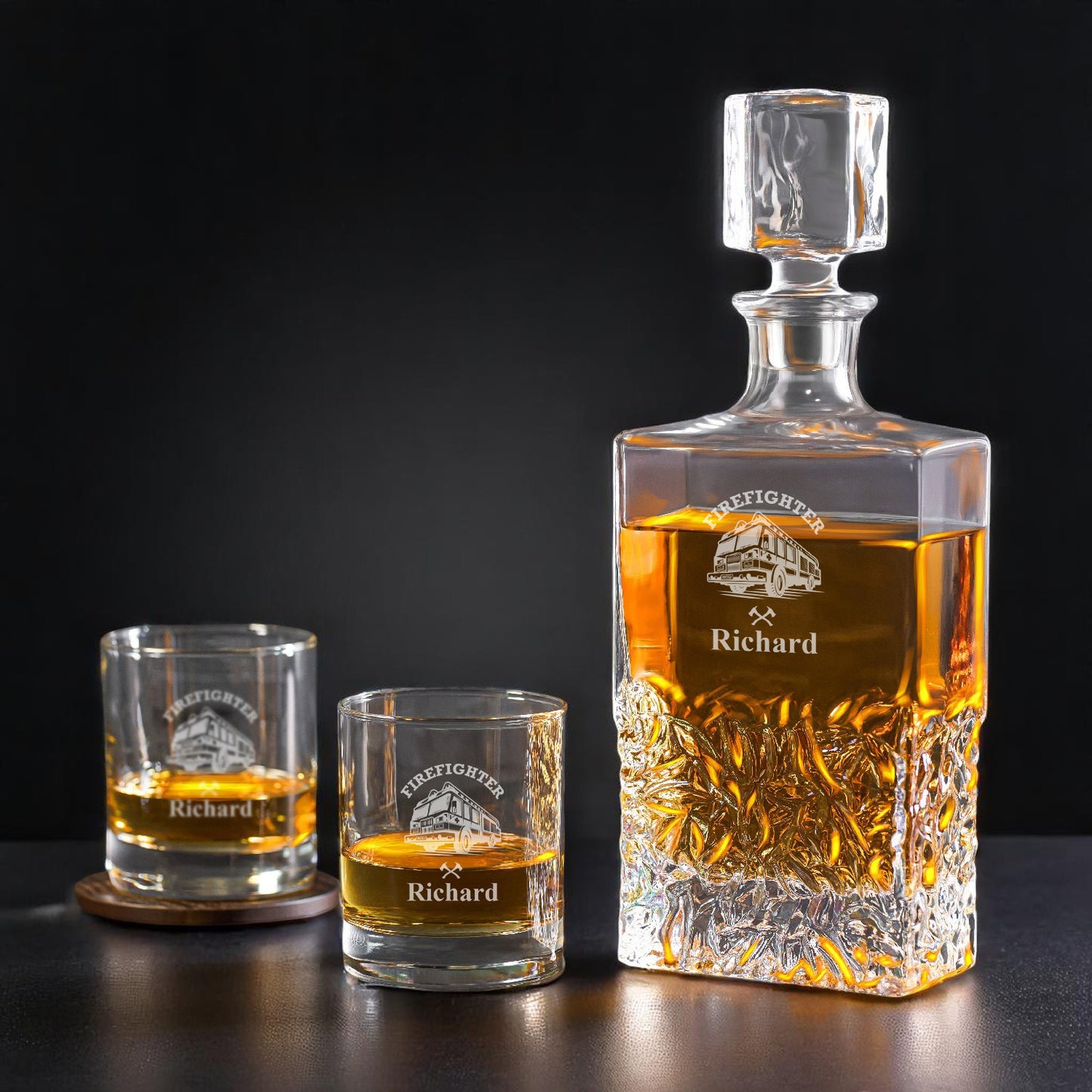 Firefighter Personalized Whiskey Decanter with Whiskey Rocks Glasses Set - 3pc