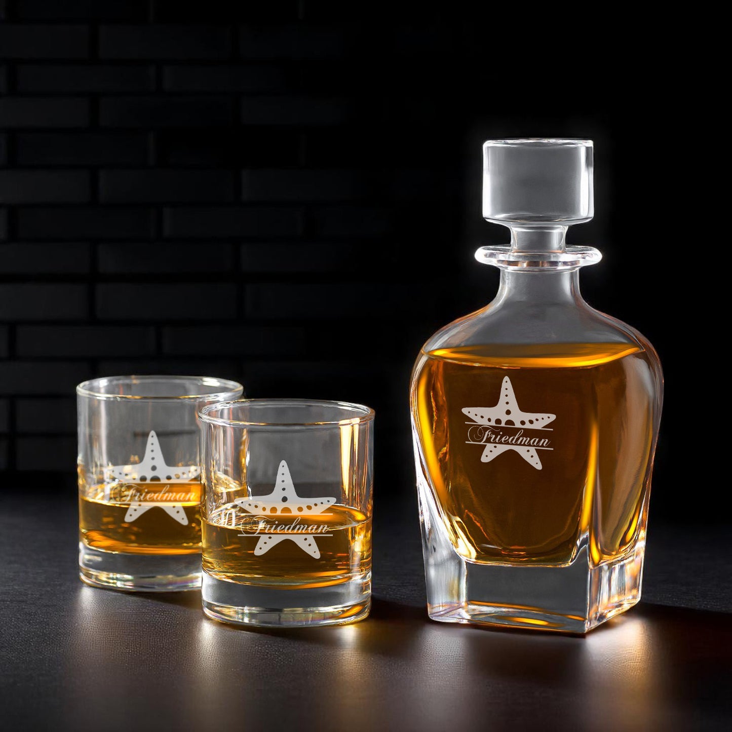 Starfish Personalized Whiskey Decanter with Whiskey Rocks Glasses Set - 3pc