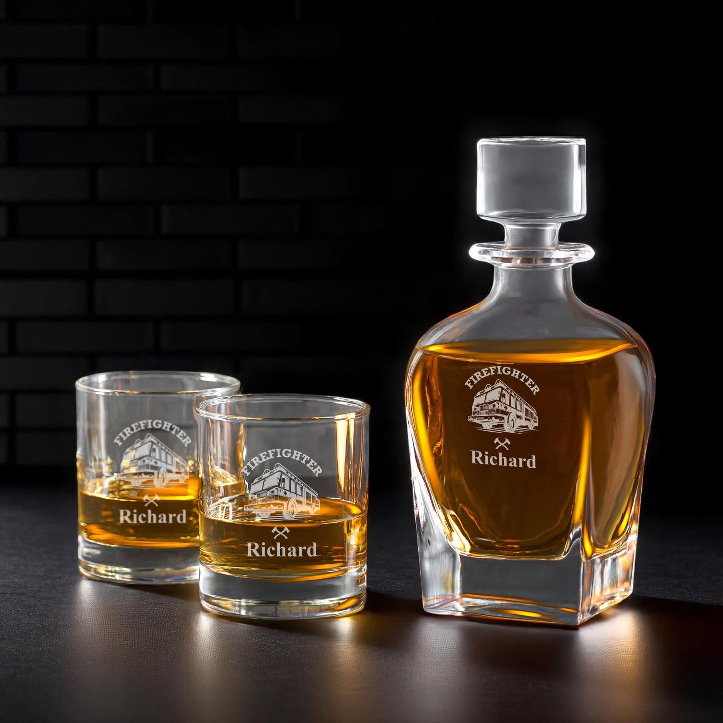 Firefighter Personalized Whiskey Decanter with Whiskey Rocks Glasses Set - 3pc