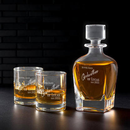 Godmother Personalized Whiskey Decanter with Whiskey Rocks Glasses Set - 3pc