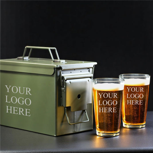Custom Logo Personalized 50 Caliber Ammo Box with Pint Glasses Set - 3pc