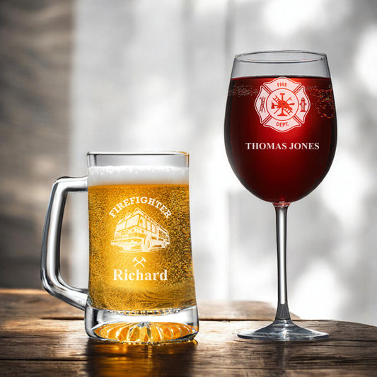 Firefighter Personalized Beer Mug and Wine Glass Gift Set