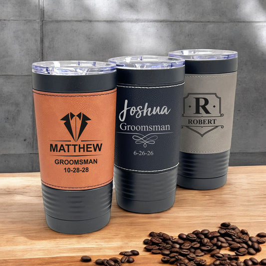 Groomsmen Personalized Black 20 oz Leather Tumbler