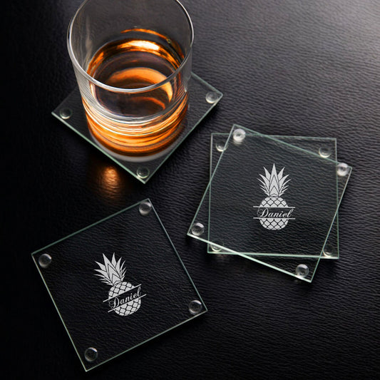 Pineapple Personalized Glass Coasters, Set of 4
