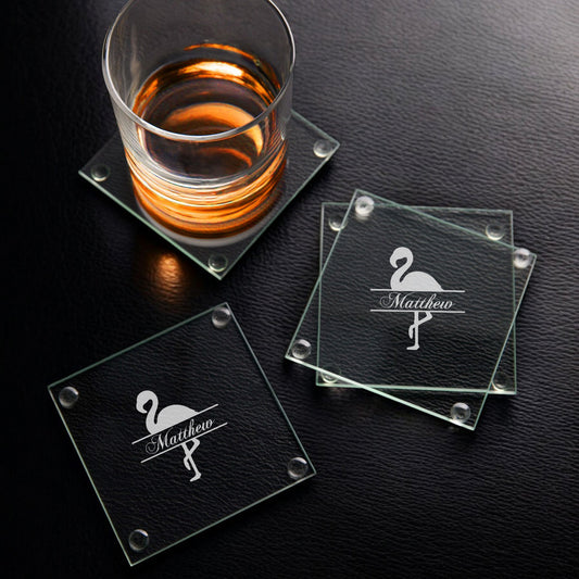 Flamingo Personalized Glass Coasters, Set of 4