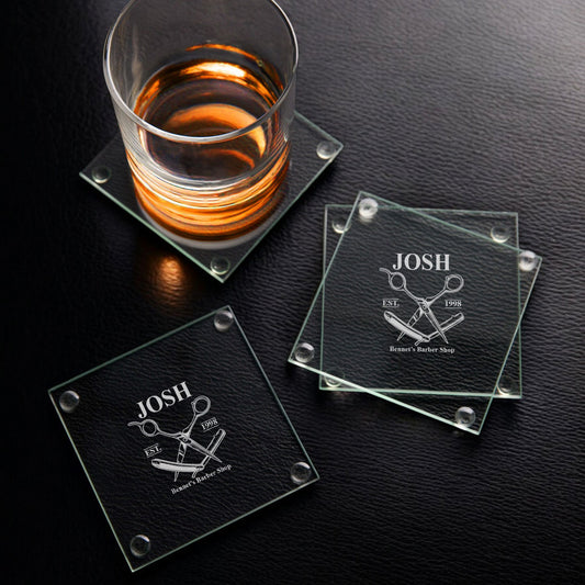 Barber Personalized Glass Coasters, Set of 4
