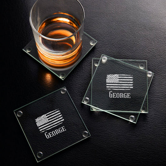 Patriotic Military Personalized Glass Coasters, Set of 4