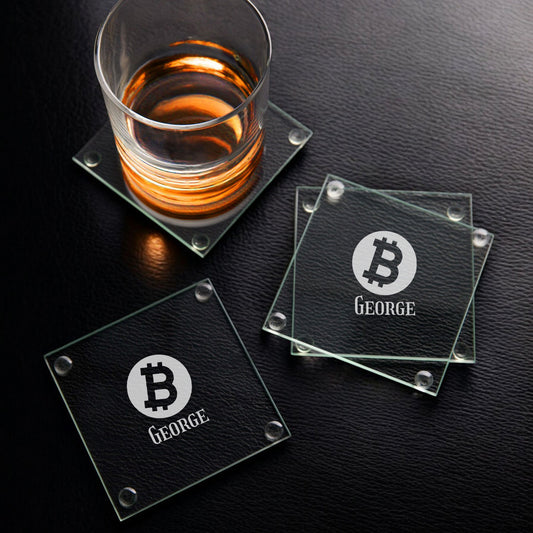Bitcoin Crypto Personalized Glass Coasters, Set of 4