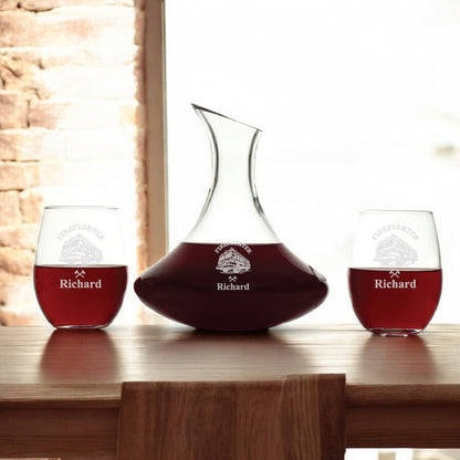 Firefighter Personalized Wine Decanter with Stemless Wine Glass Set