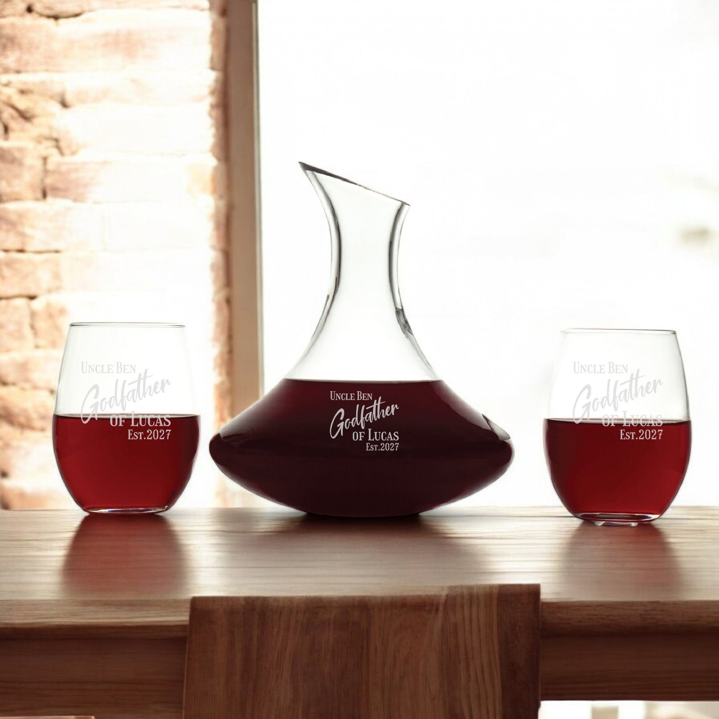 Godfather Padrino Personalized Wine Decanter with Stemless Wine Glass Set