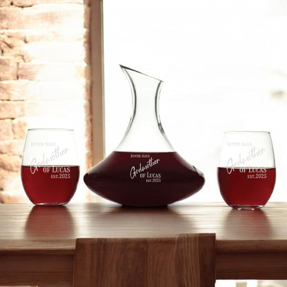 Godmother Personalized Wine Decanter with Stemless Wine Glass Set